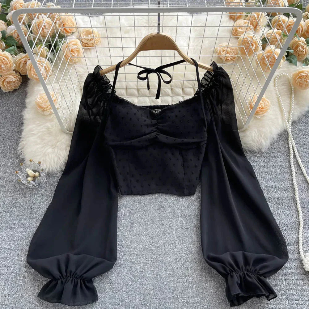 Fudus | Lantern Ärmel Schulterfrei Mode Designer Langarm Tops