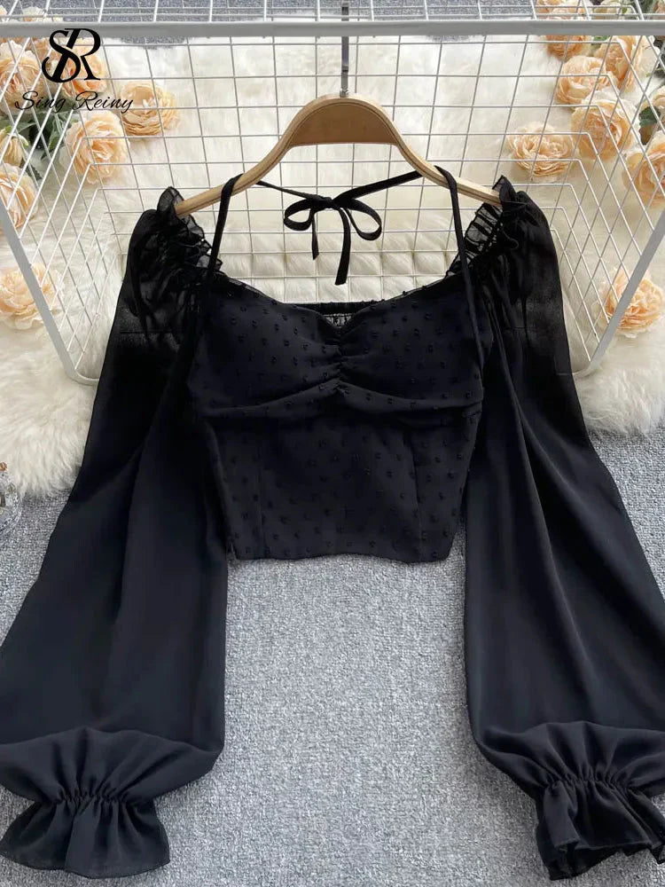 Fudus | Lantern Ärmel Schulterfrei Mode Designer Langarm Tops