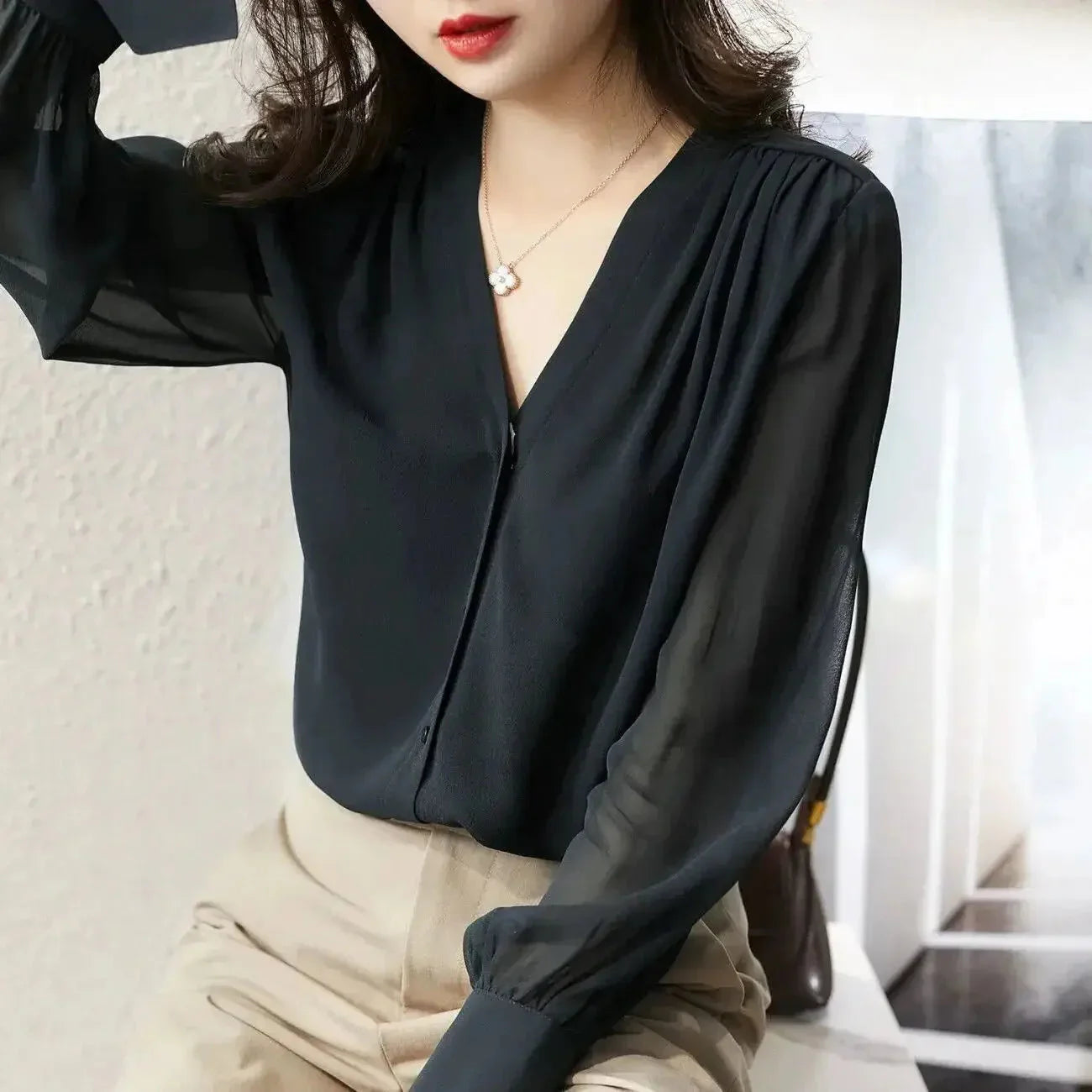 Fudus | Puff Ärmel Chiffon Bluse Mode Designer Langarm Oberteile