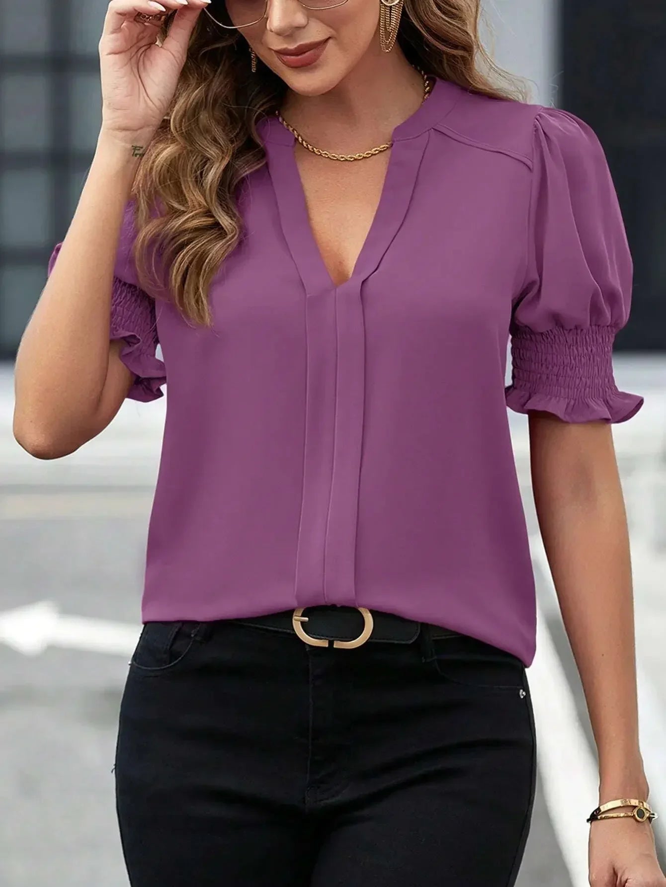 Fudus | Puffärmel V-ausschnitt Bluse Tops Mode Designer T-shirts