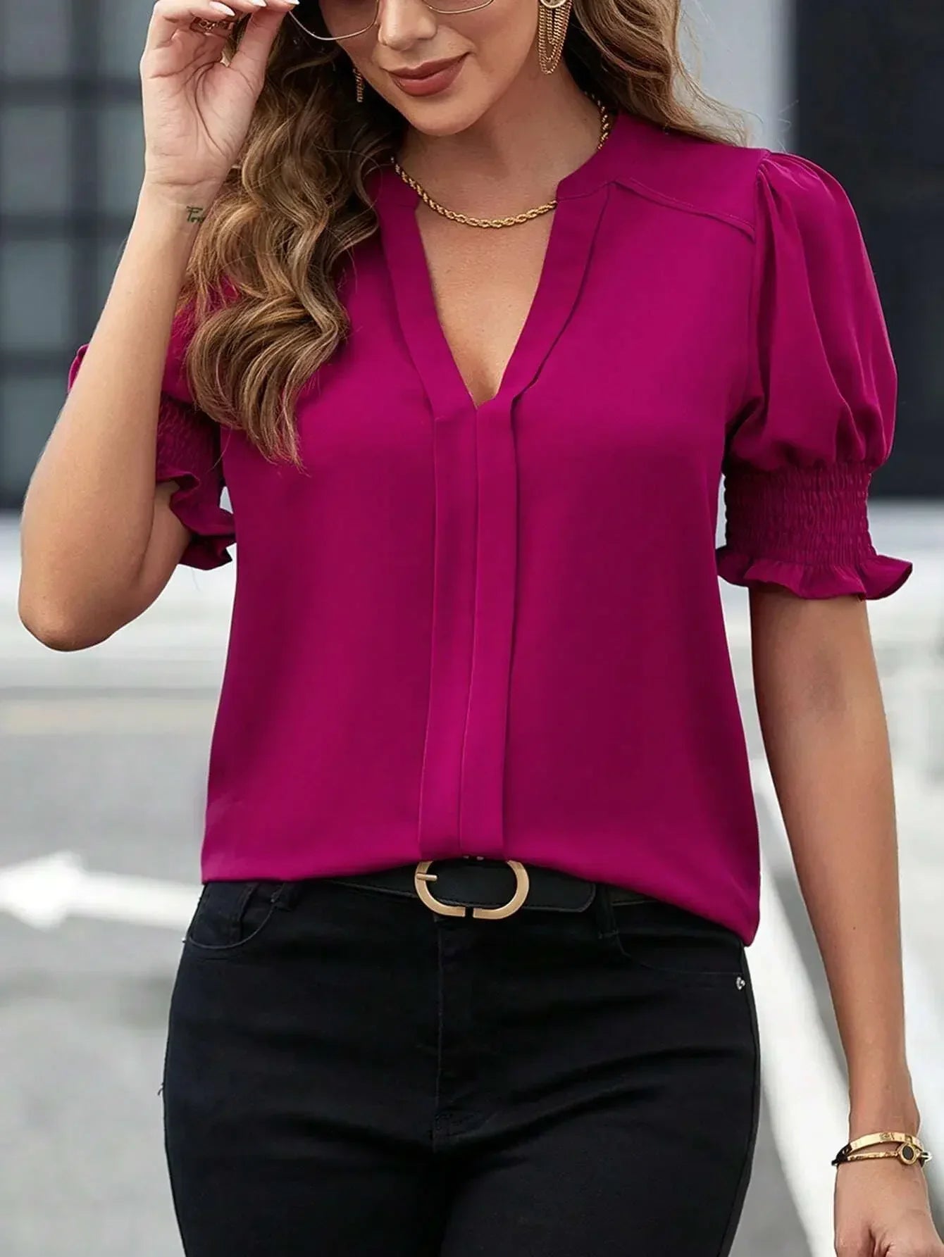 Fudus | Puffärmel V-ausschnitt Bluse Tops Mode Designer T-shirts