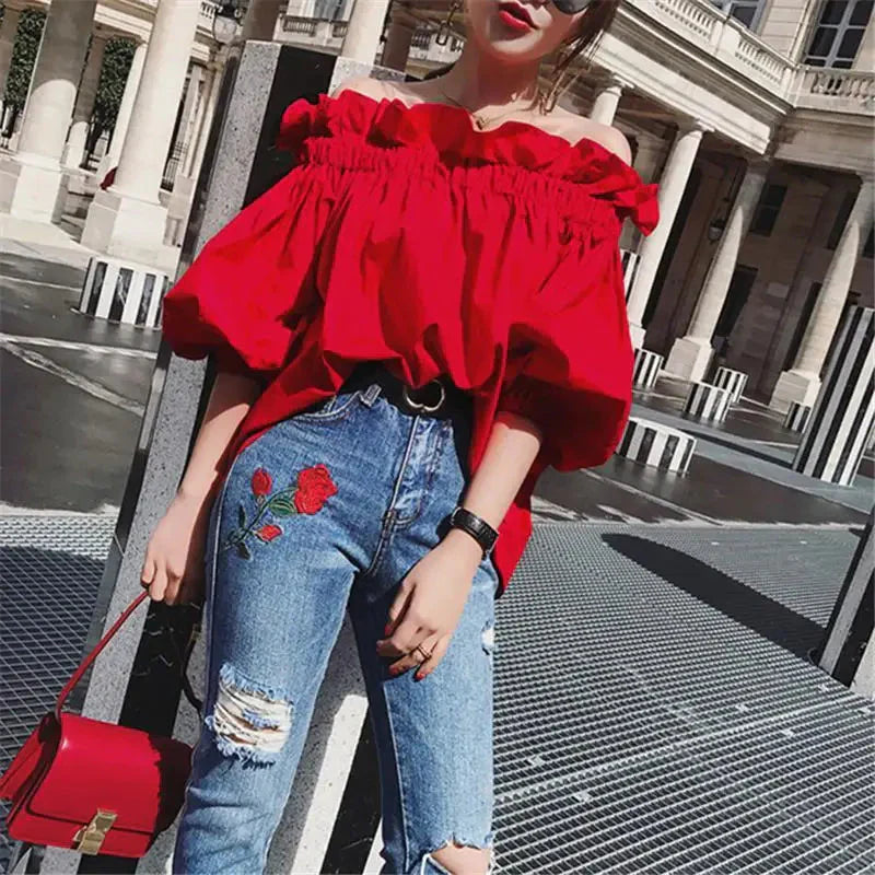 Fudus | Rüschendes Modedesigner Puffärmel Tops T-shirts