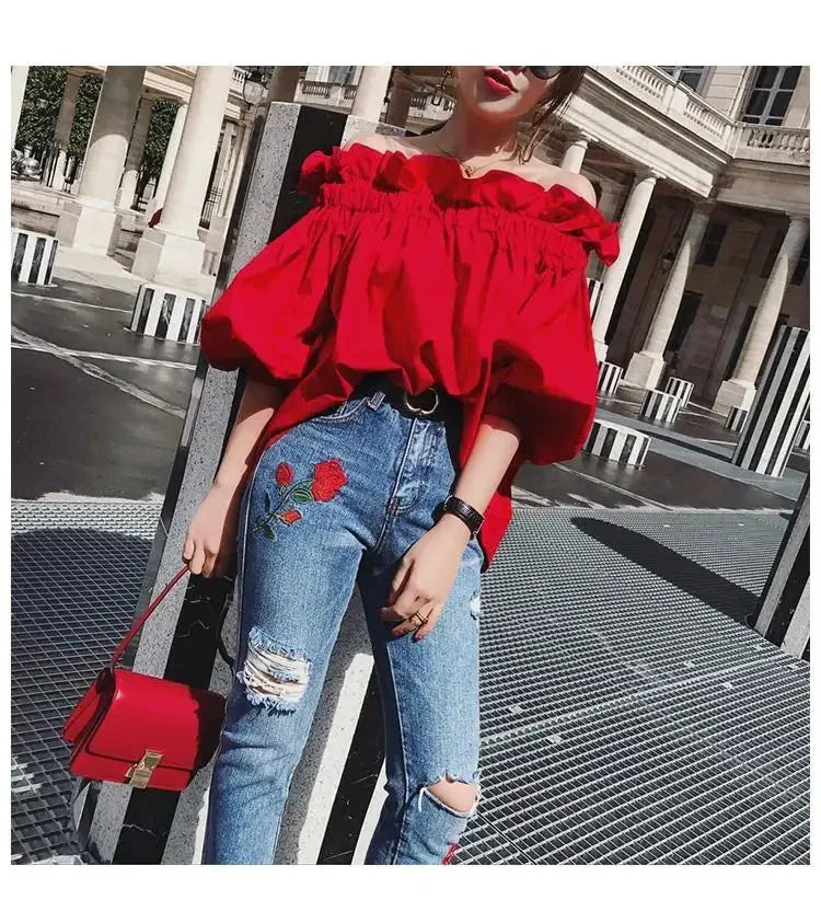 Fudus | Rüschendes Modedesigner Puffärmel Tops T-shirts