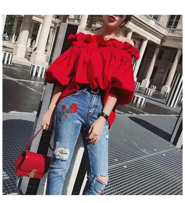 Fudus | Rüschendes Modedesigner Puffärmel Tops T-shirts