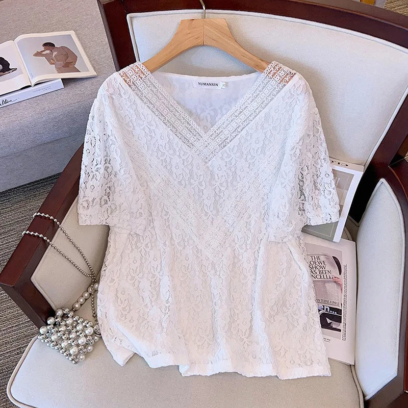 Fudus | Tops V-ausschnitt Spitze 4-9xl Mode Designer T-shirts