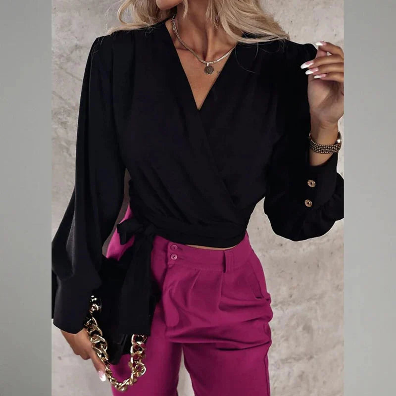 Fudus | V Neck Bluse Mode Designer Knopf Laterne Langarm Tops