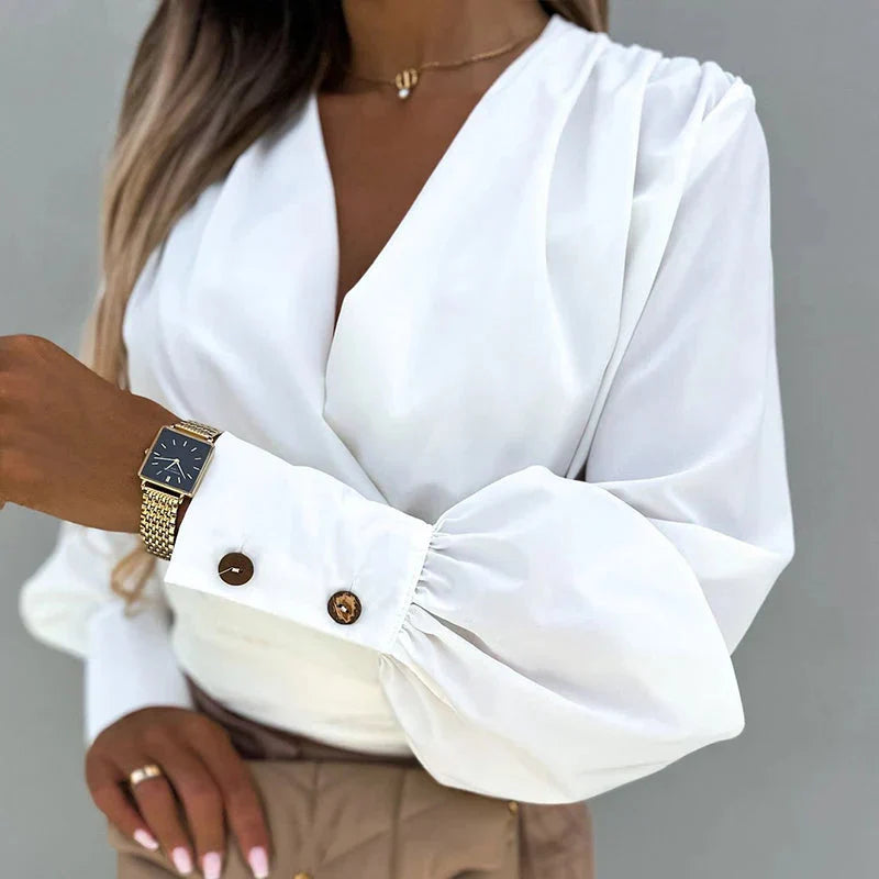 Fudus | V Neck Bluse Mode Designer Knopf Laterne Langarm Tops