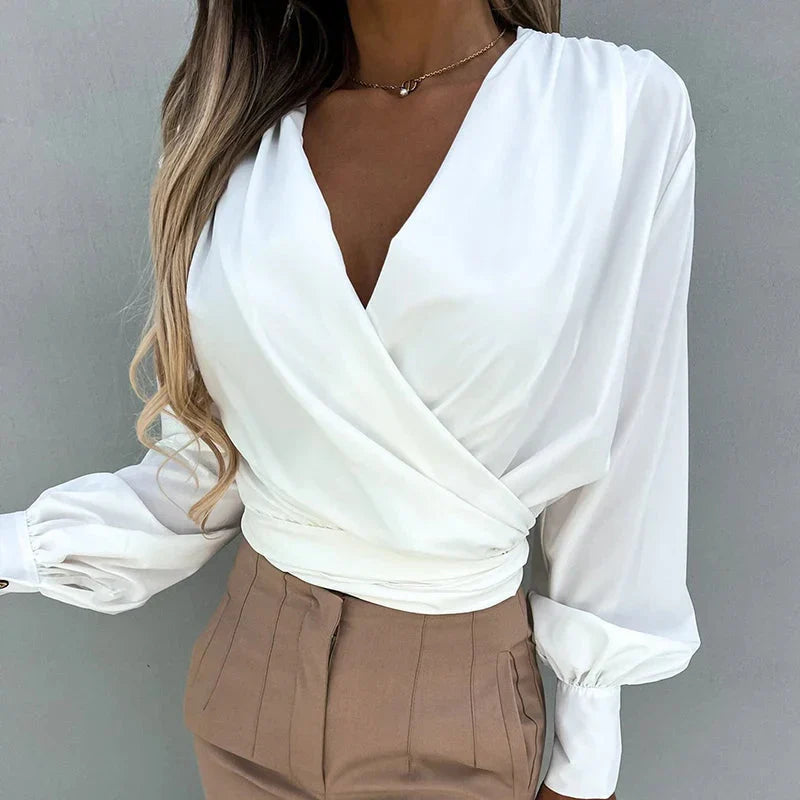 Fudus | V Neck Bluse Mode Designer Knopf Laterne Langarm Tops