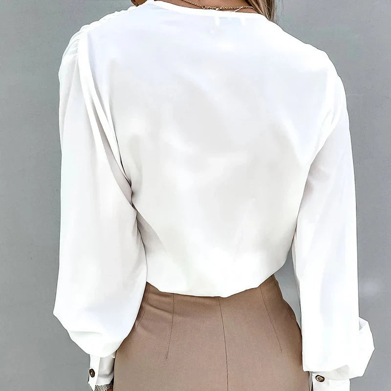 Fudus | V Neck Bluse Mode Designer Knopf Laterne Langarm Tops
