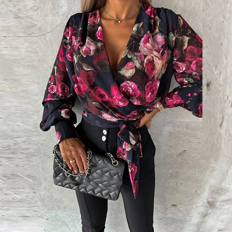 Fudus | V Neck Bluse Mode Designer Knopf Laterne Langarm Tops