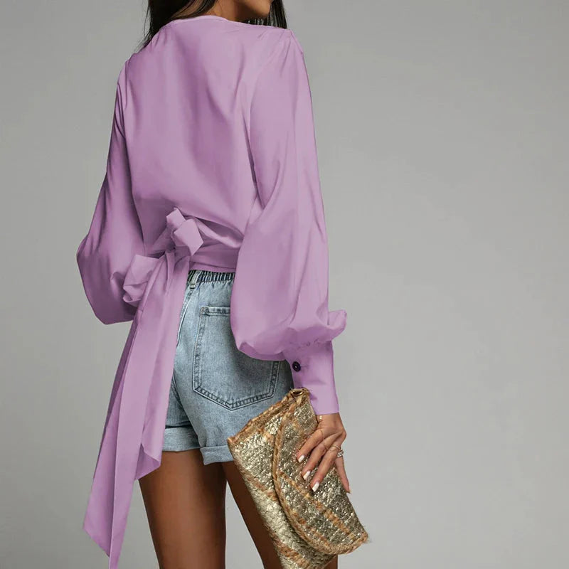 Fudus | V Neck Bluse Mode Designer Knopf Laterne Langarm Tops