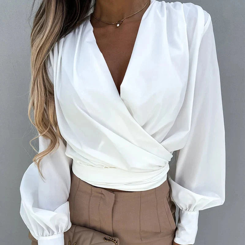 Fudus | V Neck Bluse Mode Designer Knopf Laterne Langarm Tops