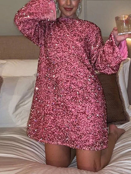 Barbara – Pailletten-Kleid mit Rückenschleife und Rundhalsausschnitt