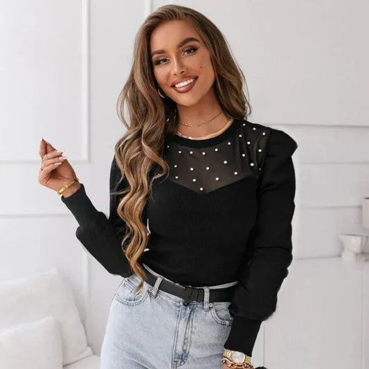 Luna | Langarm-Oberteil mit eleganten Perlenverzierungen für stilbewusste Damen
