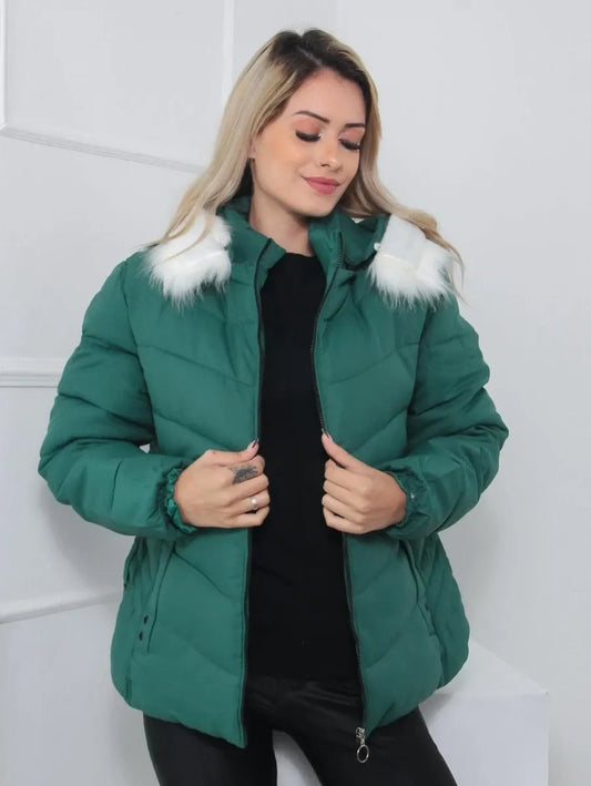 Leynira | Grüne Steppjacke mit Fellkapuze