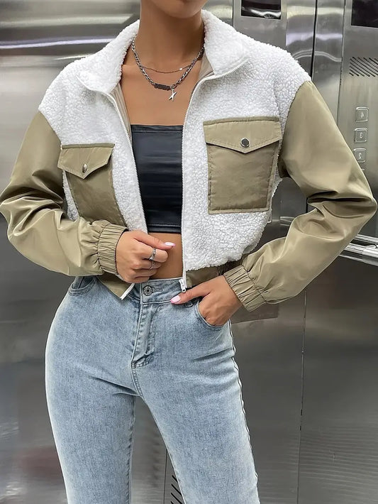 Shisara | Farbblock-Patchwork-Teddyjacke mit Reißverschluss, elegante Pattentasche