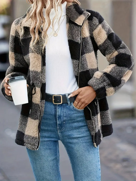Shilari | Teddyjacke mit Karomuster, lässige warme Oberbekleidung mit Knopfleiste