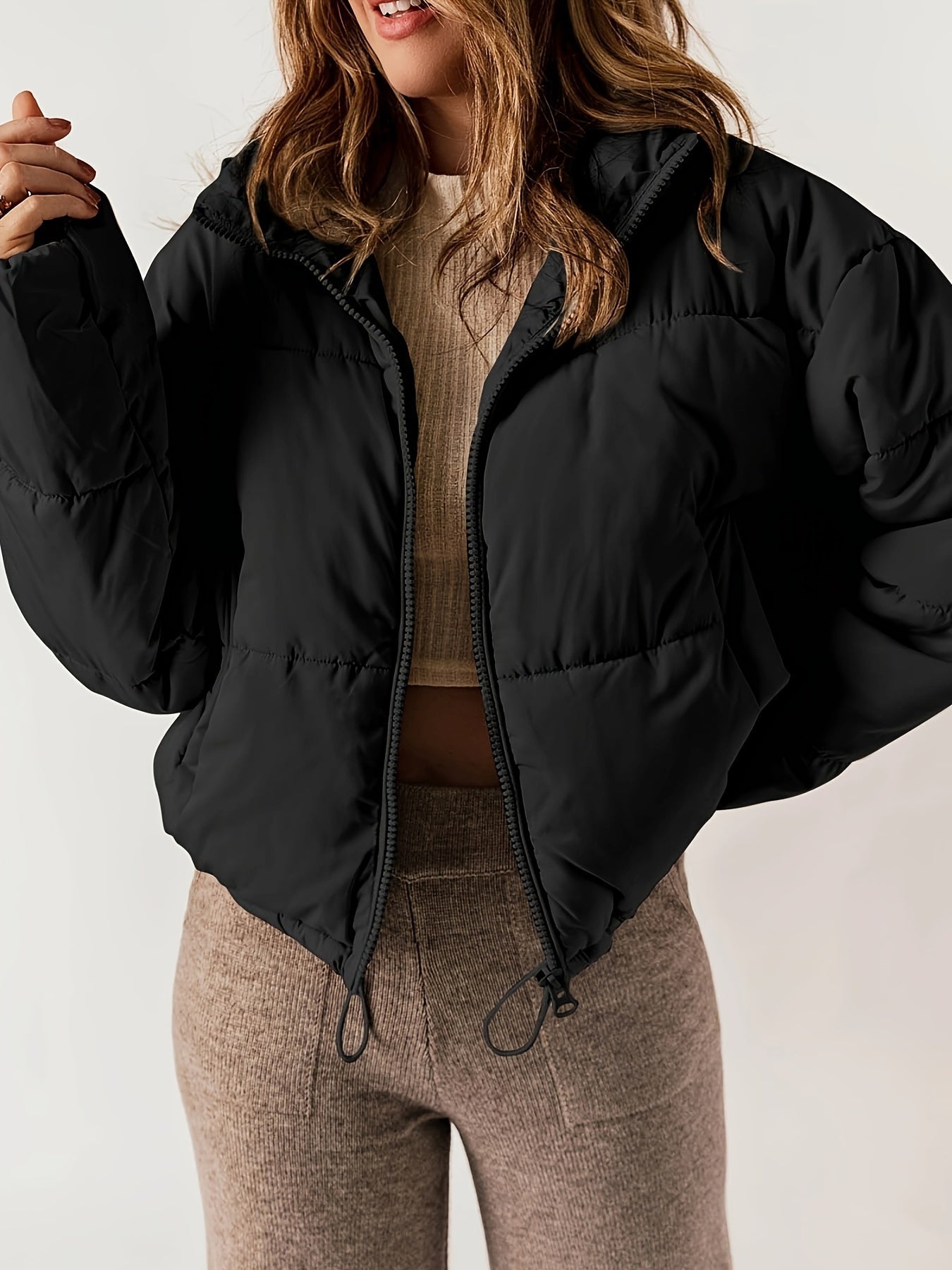 Leyreina | Schwarze Pufferjacke mit Reißverschluss – Lässige Langarmjacke für jeden Tag