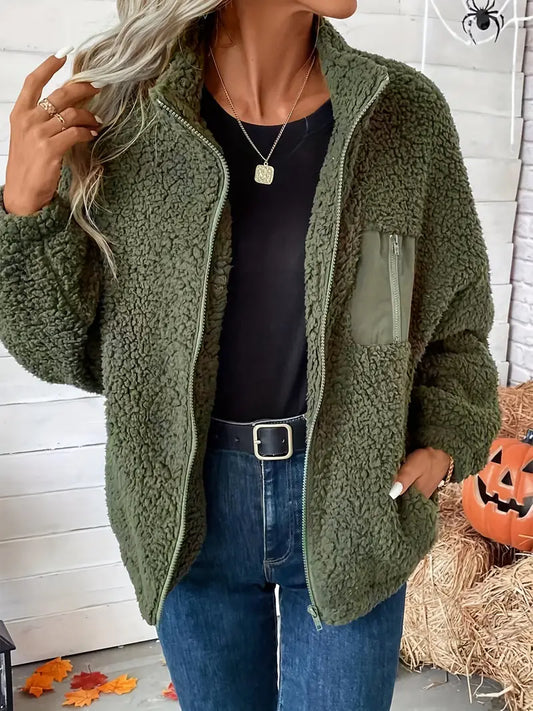 Shifira | Reißverschluss vorne Drop Shoulder Teddy Jacke, lässig solide Farbe lange Ärmel