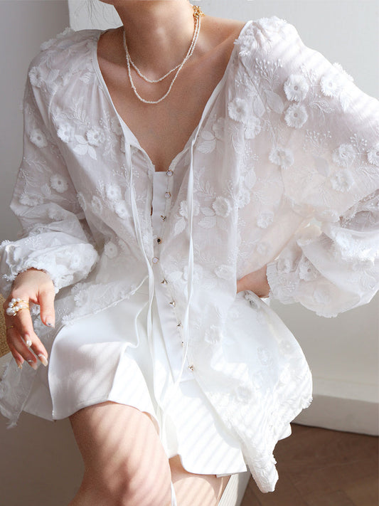 Fudus | Übergröße Semi Sheer Bestickte Blumene Bluse