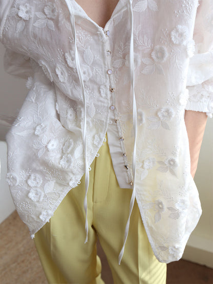 Fudus | Übergröße Semi Sheer Bestickte Blumene Bluse