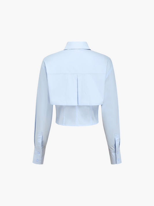 Fudus | Babyblaues Offene Kragen Doppel Lagen Crop Hemd