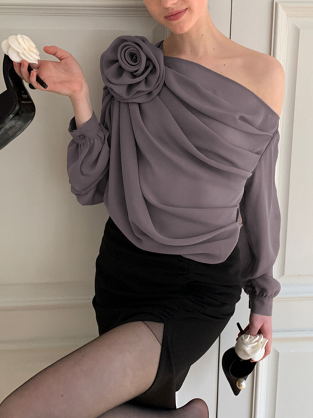 Fudus | Chiffon Halbtransparente Ein Schulter Asymmetrische Bluse