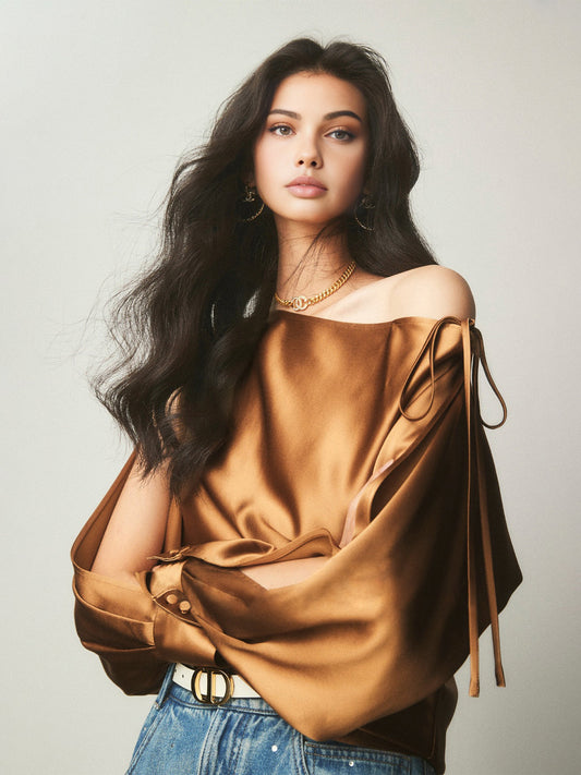 Fudus | Satin Asymmetrische Kalt Schulter Gebundene Bluse
