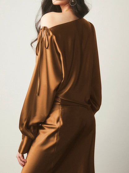 Fudus | Satin Asymmetrische Kalt Schulter Gebundene Bluse