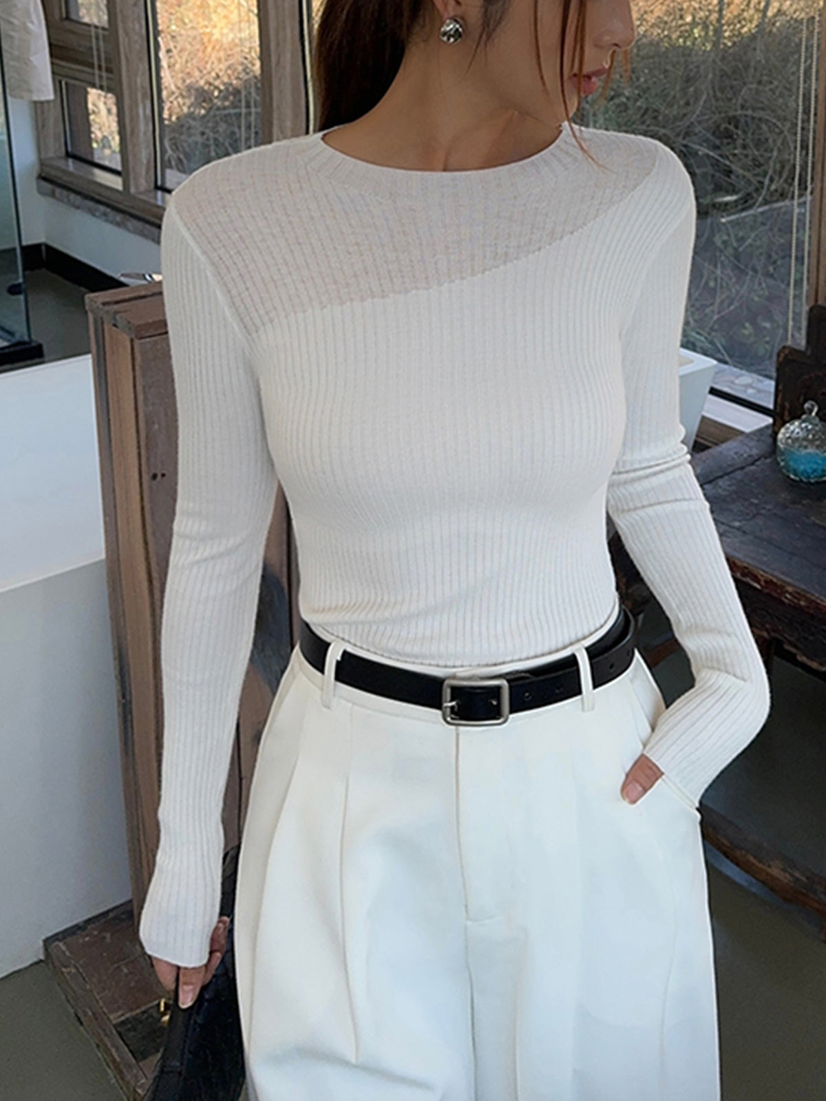 Fudus | Strick Ripp Crewneck Asymmetrisches Top