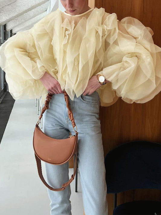 Fudus | Halbtransparente Chiffon Rüschenhemd Mit Rundhalsausschnitt