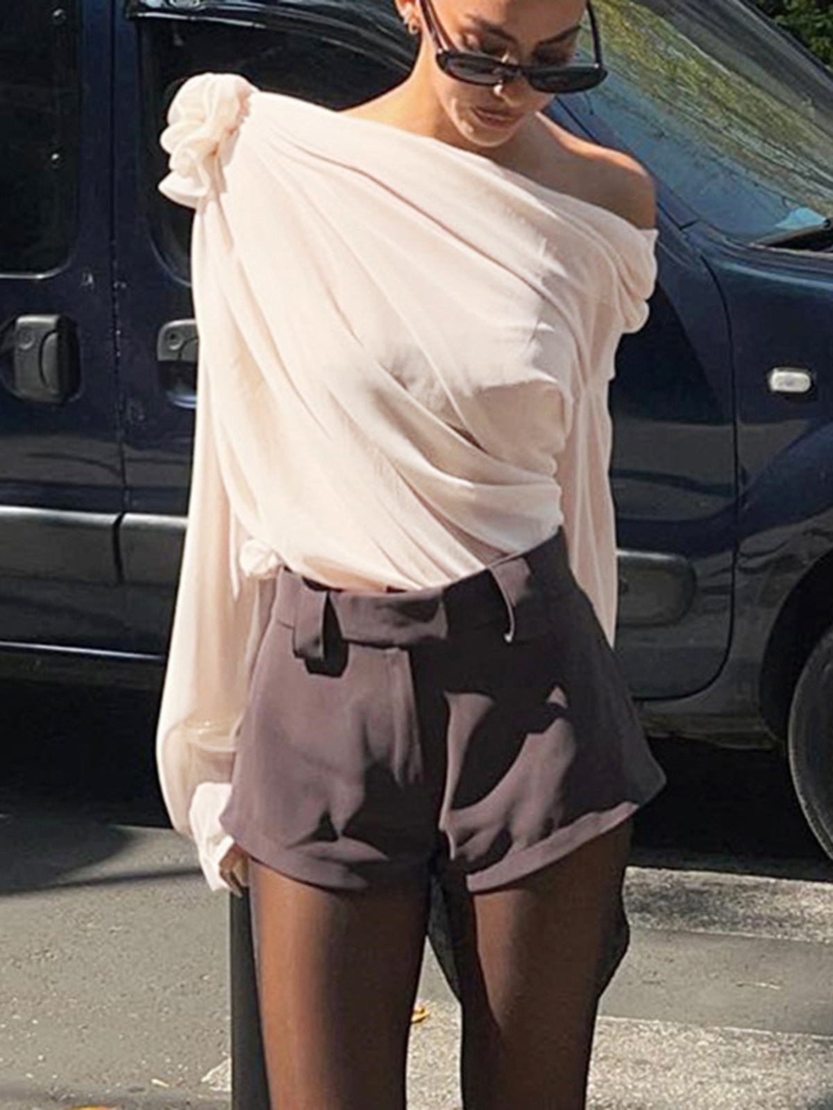 Fudus | Chiffon Halbtransparente Ein Schulter Asymmetrische Bluse