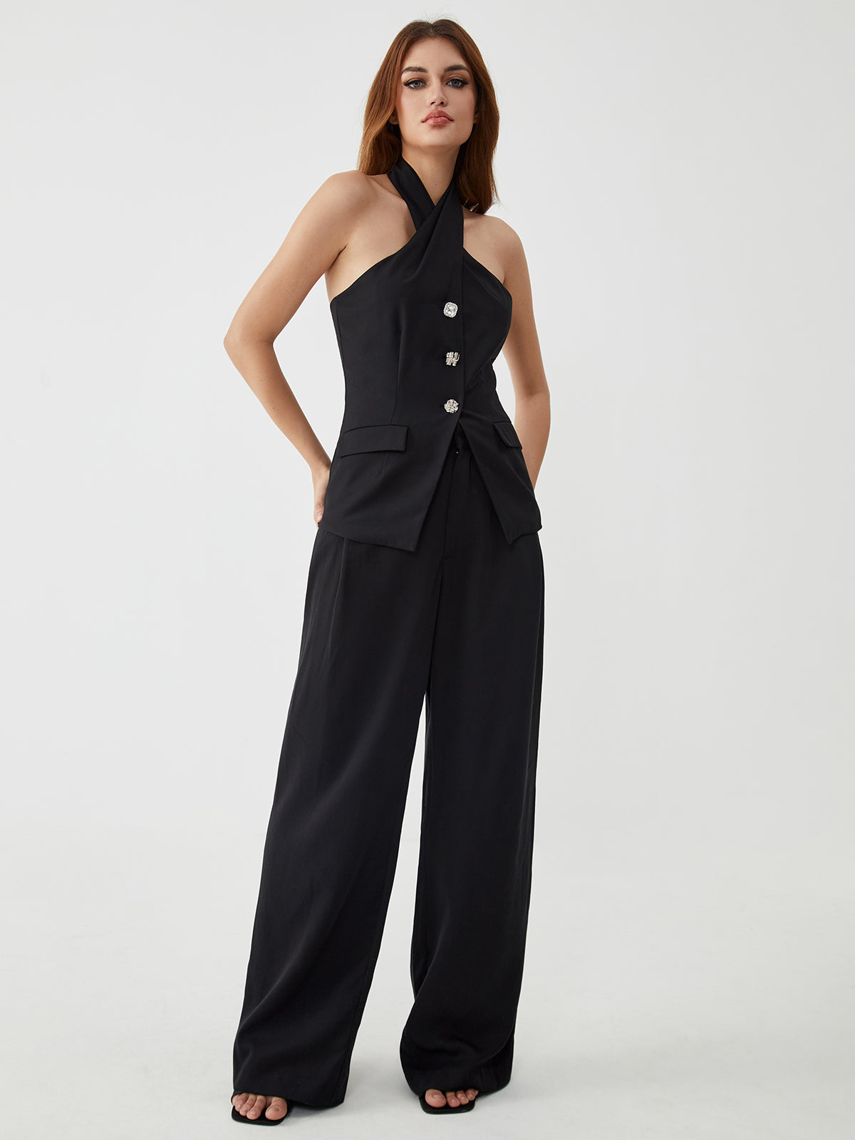 Fudus | Rhinestone Button Halter Top