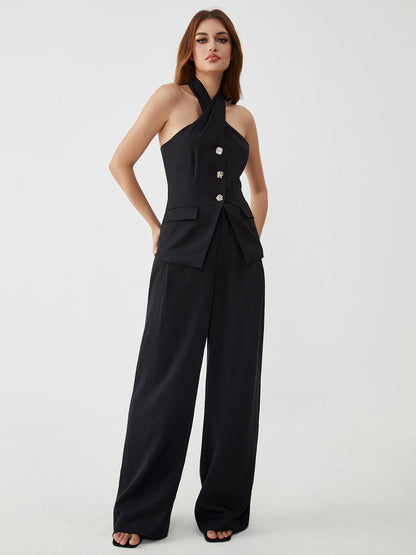 Fudus | Rhinestone Button Halter Top
