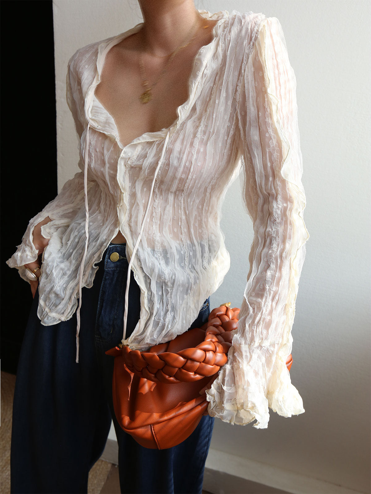 Fudus | Chiffon Durchsichtig Rüschensaum Langarm Bluse