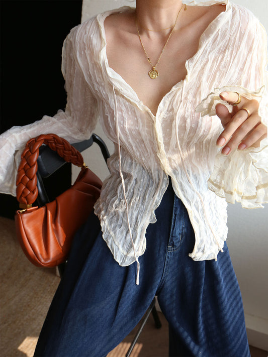 Fudus | Chiffon Durchsichtig Rüschensaum Langarm Bluse