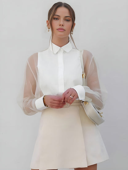 Fudus | Semi Transparente Puffärmel Organza Bluse