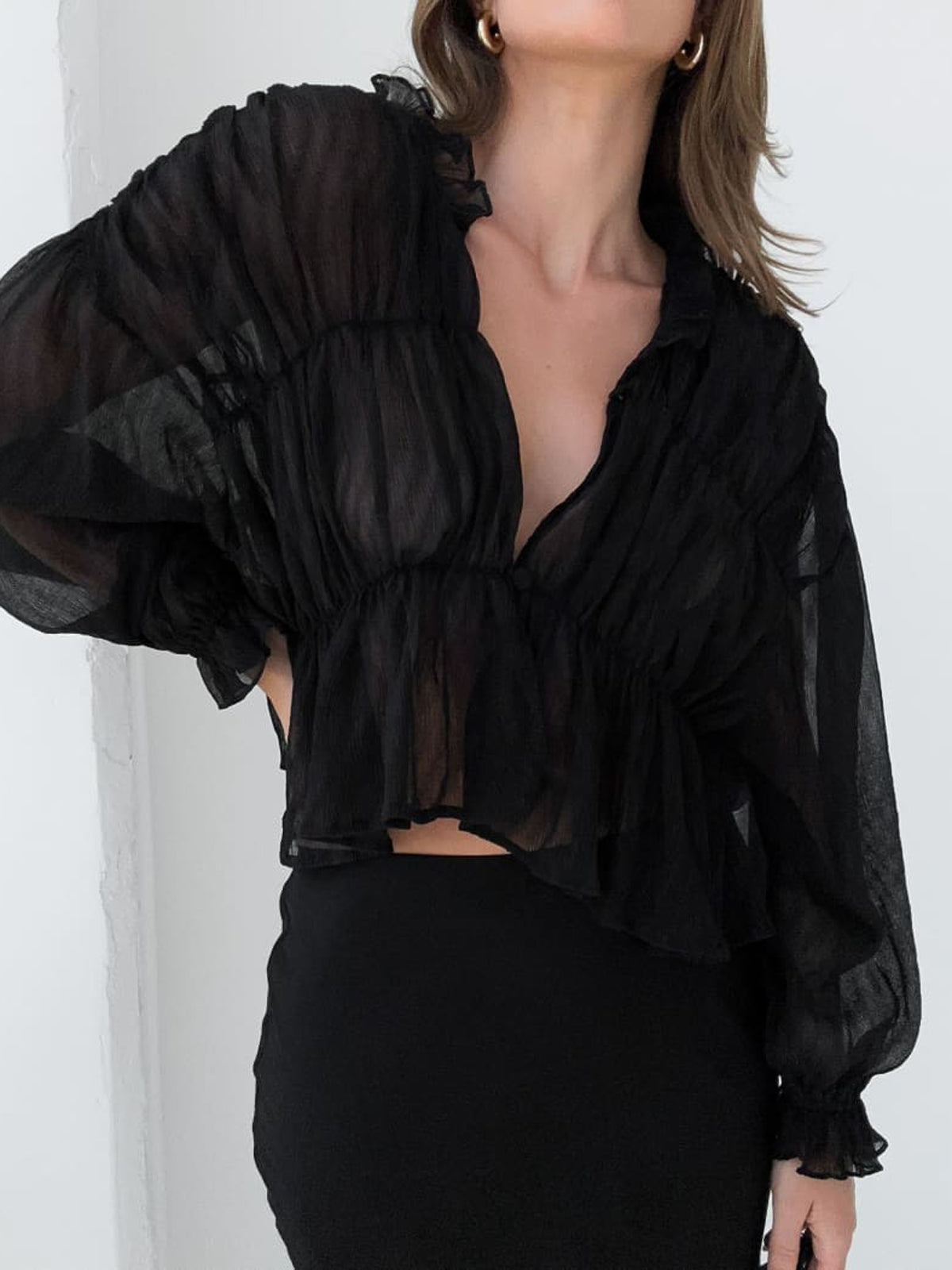 Fudus | Durchsichtiges Chiffon Rüschendetail Bluse