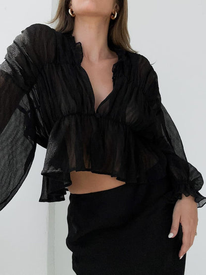 Fudus | Durchsichtiges Chiffon Rüschendetail Bluse