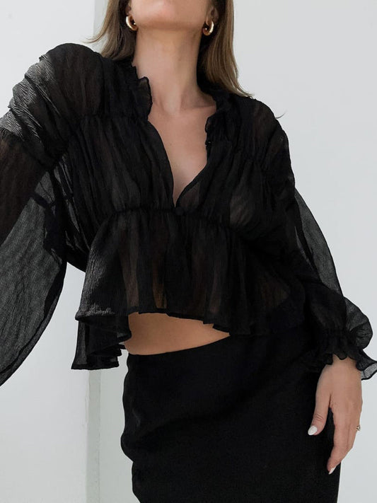 Fudus | Durchsichtiges Chiffon Rüschendetail Bluse