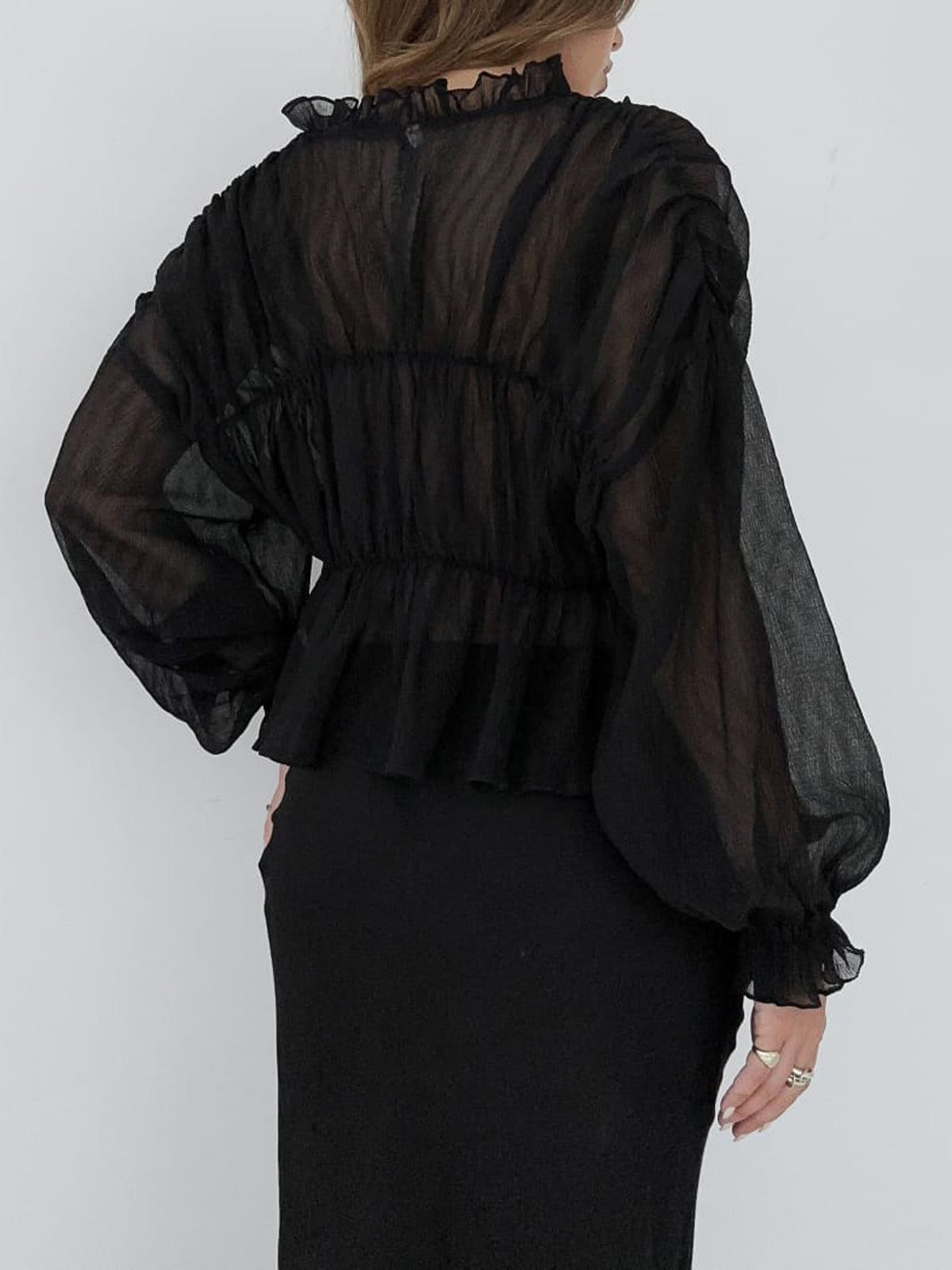 Fudus | Durchsichtiges Chiffon Rüschendetail Bluse