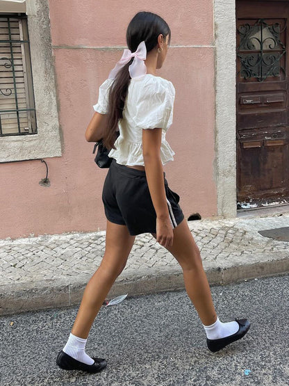 Fudus | Semi Sheer Schlüssel Loch Ausschnitt Bindung Vorderseite Peplum Oberteil