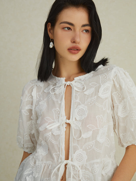 Fudus | Halbtransparent Blumen Knoten Puffärmel Bluse
