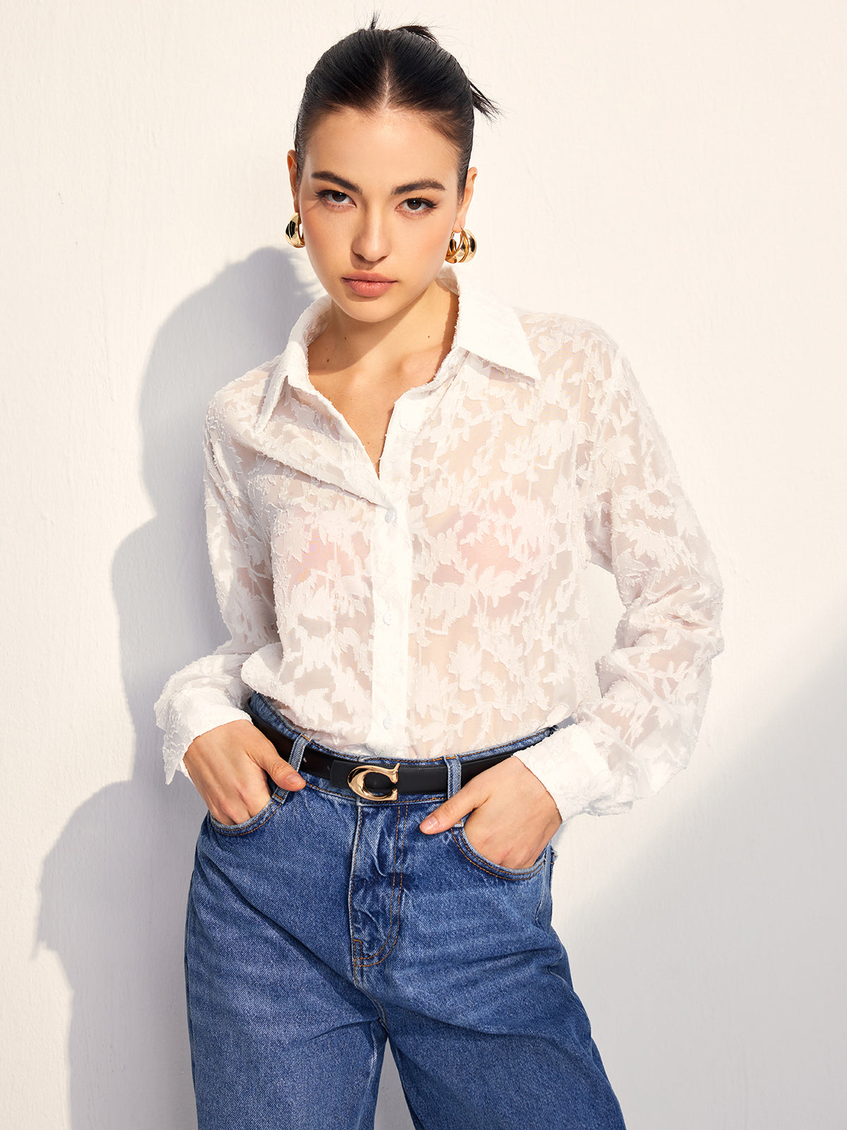 Fudus | Semi Sheer Jacquard Knopfhemd