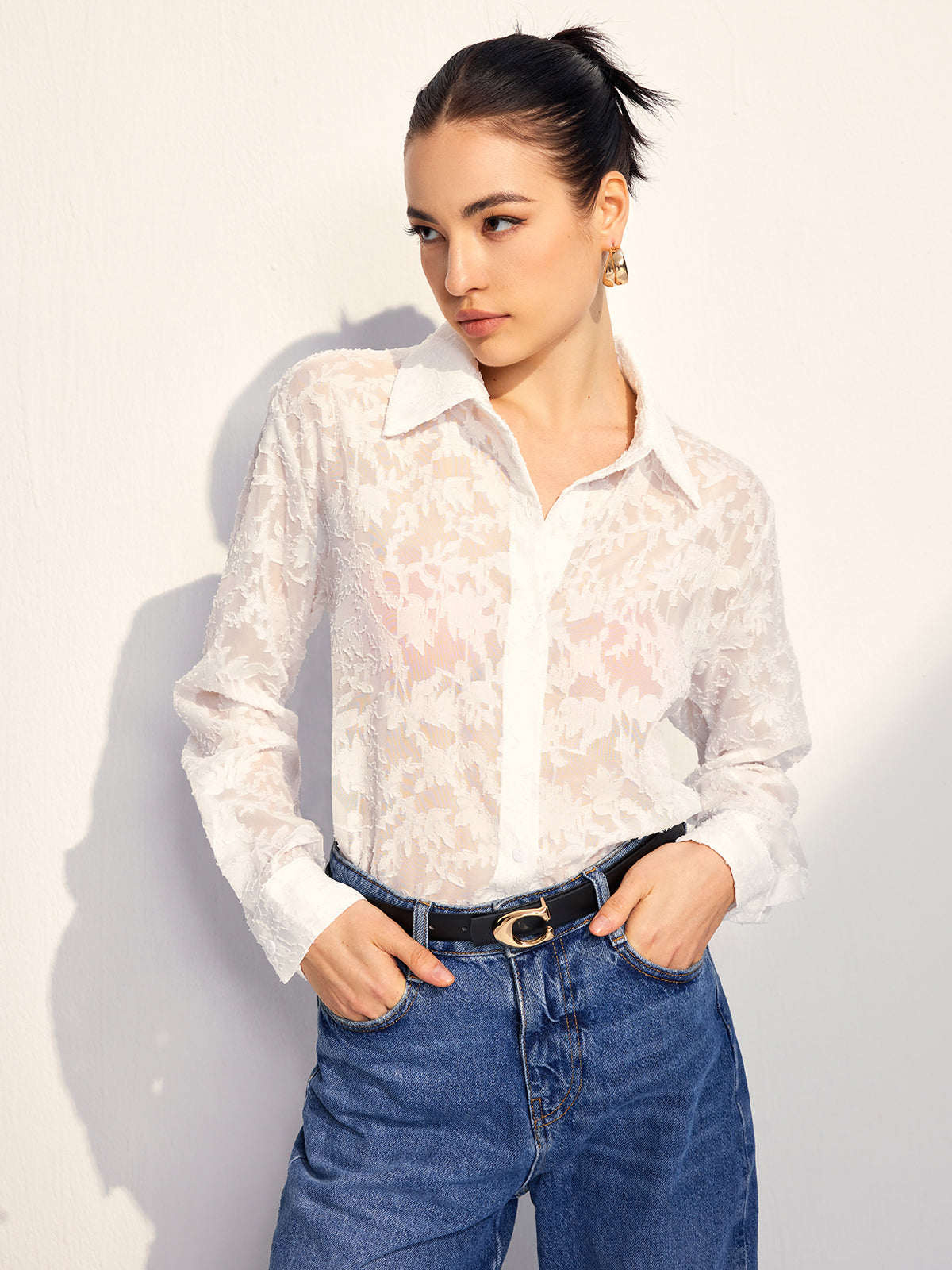 Fudus | Semi Sheer Jacquard Knopfhemd