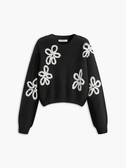 Fudus | Rundhals Rippstrick Blumenstrickoberteil