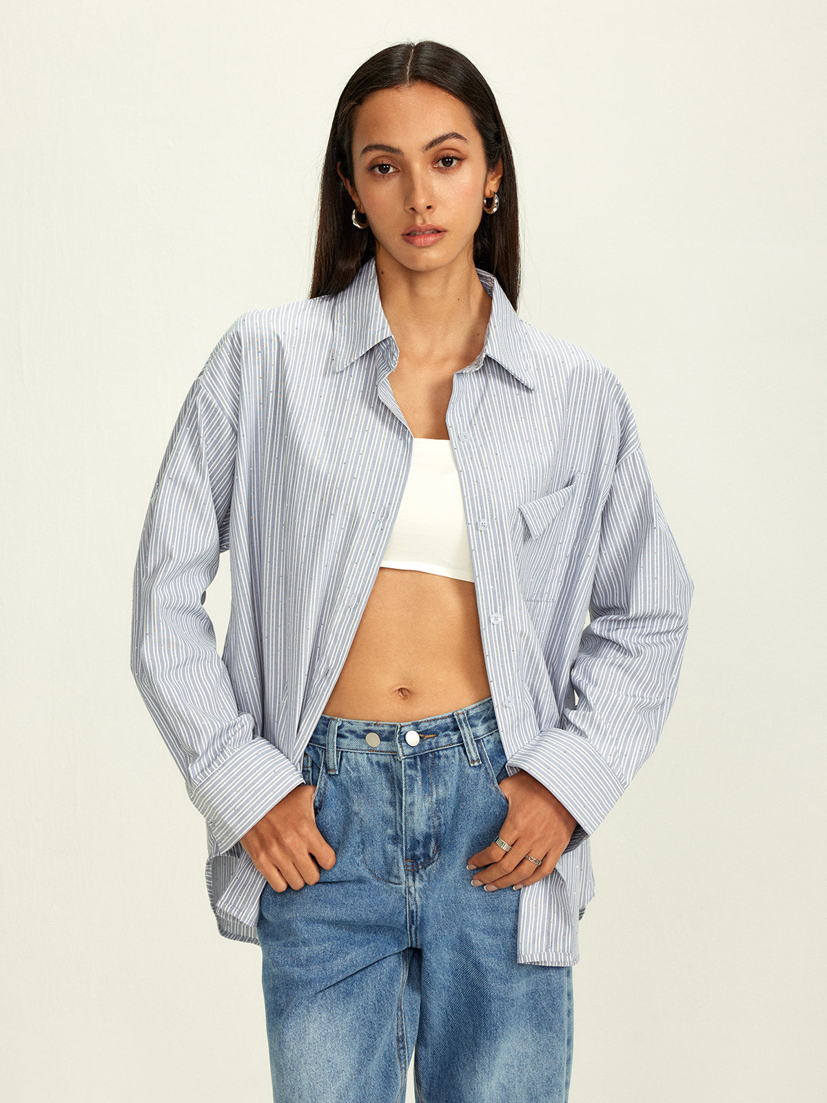 Fudus | Rhinestone Dot Pinstripe Pocket Hemd
