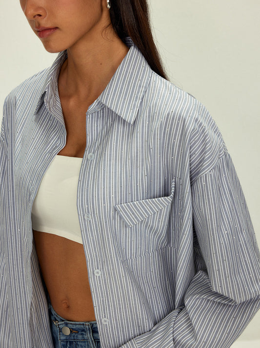 Fudus | Rhinestone Dot Pinstripe Pocket Hemd