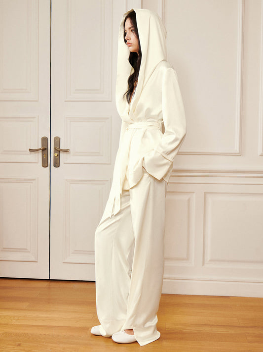 Fudus | Satin Solid Kapuzen Gürtel Bluse