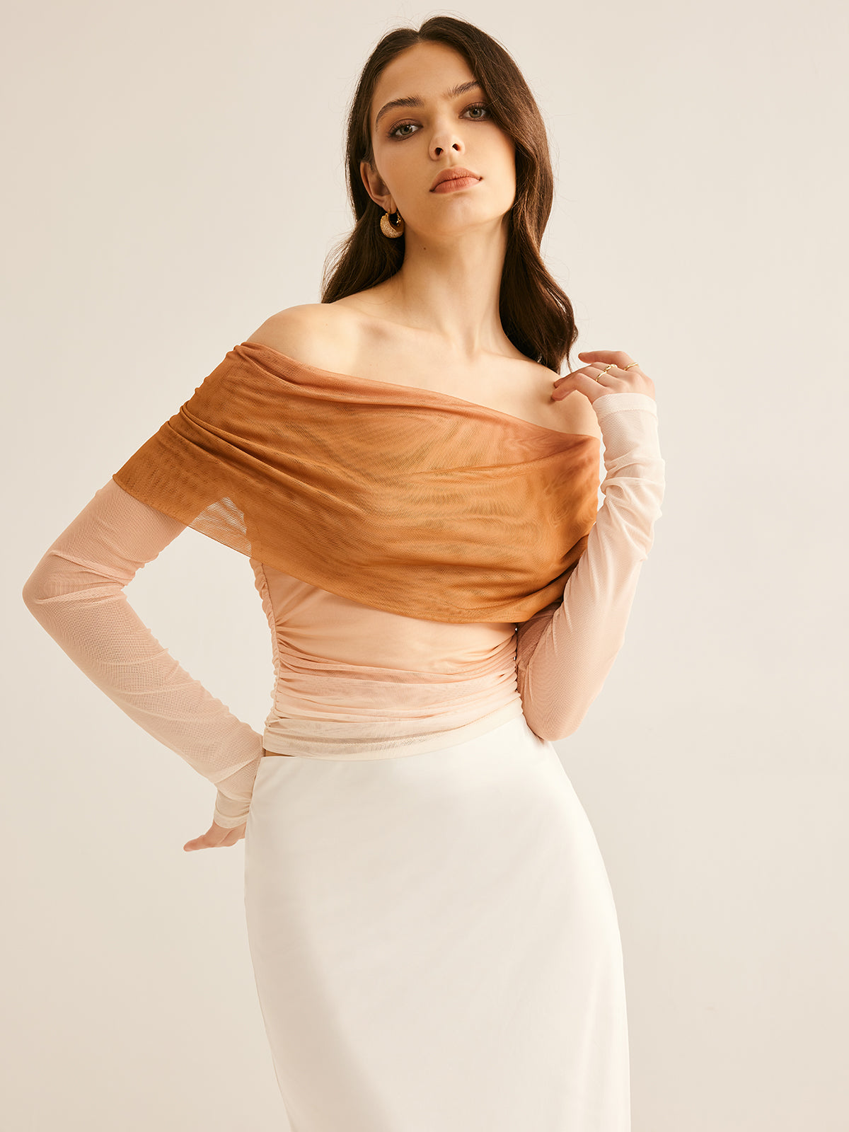 Fudus | Semi Sheer Schulterfrei Mesh Gradient Bluse